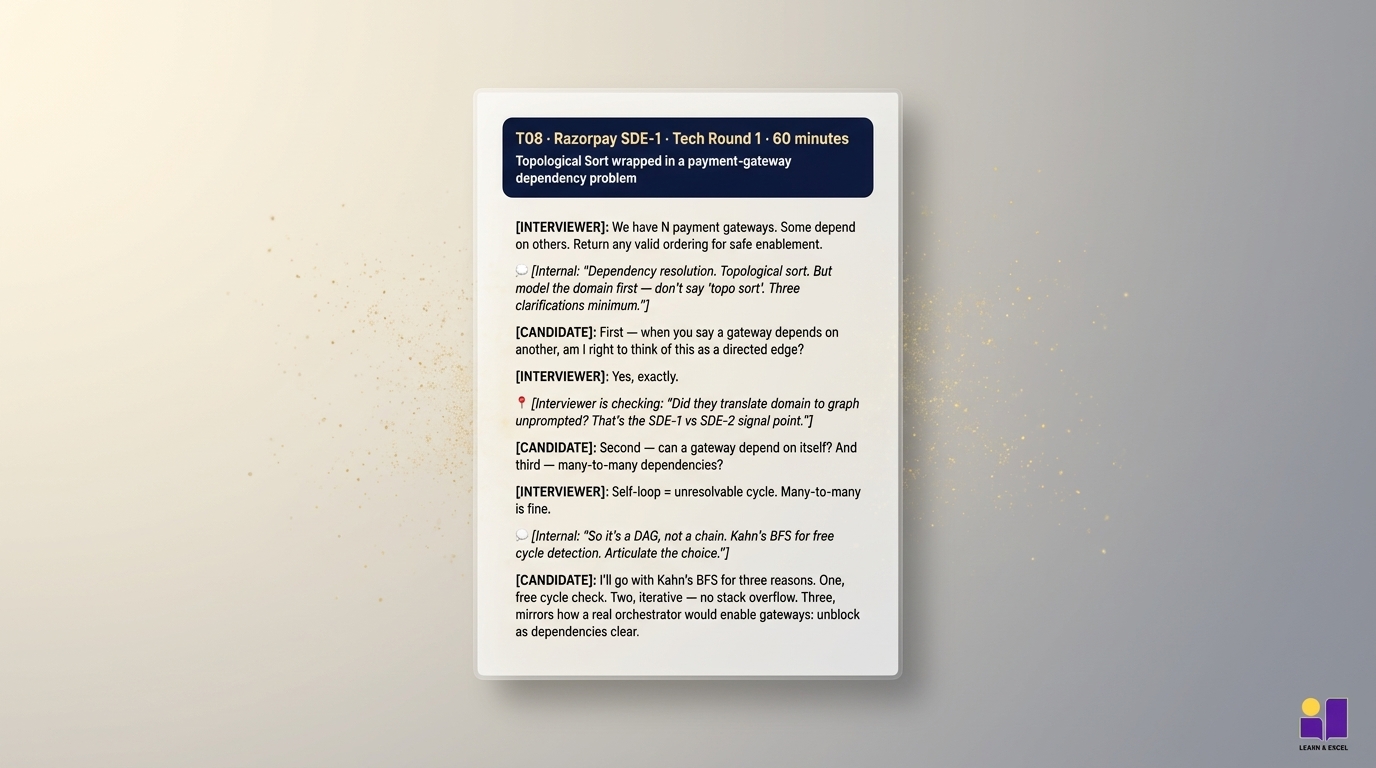 T08 mock transcript sample — Razorpay SDE-1 backend round with interviewer dialog, candidate's inner thoughts in italics, and sidebar notes grading the candidate in real time